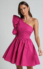 Brodie Mini Dress - One Shoulder Frill Dress in Raspberry