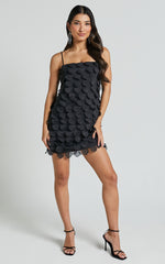 Leah Mini Dress - Strappy 3D Floral Cami Dress in Black