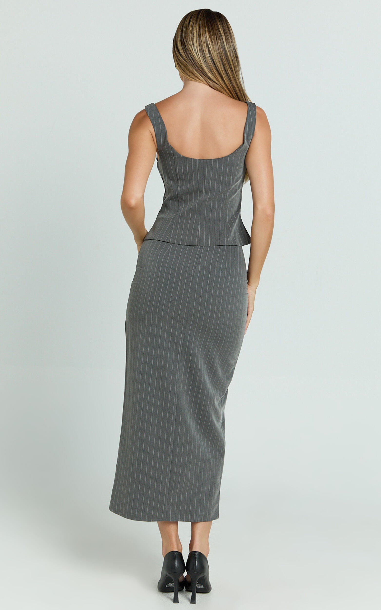 Fiona Midi Skirt - Pinstripe Bodycon Side Leg Split Workwear Skirt in Dark Grey
