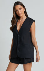 Marlee Two Piece Set - Linen Button Through Vest and Shorts Set in Black