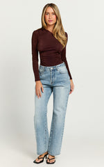 Genie Bodysuit - Long Sleeve Asymmetric Neckline Bodysuit in Chocolate