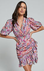 Mayslie Mini Dress - Puff Sleeve Drape Dress in Monet Floral