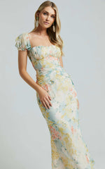 Debina Maxi Dress - Sweetheart Neckline Short Sleeve Dress in Yellow