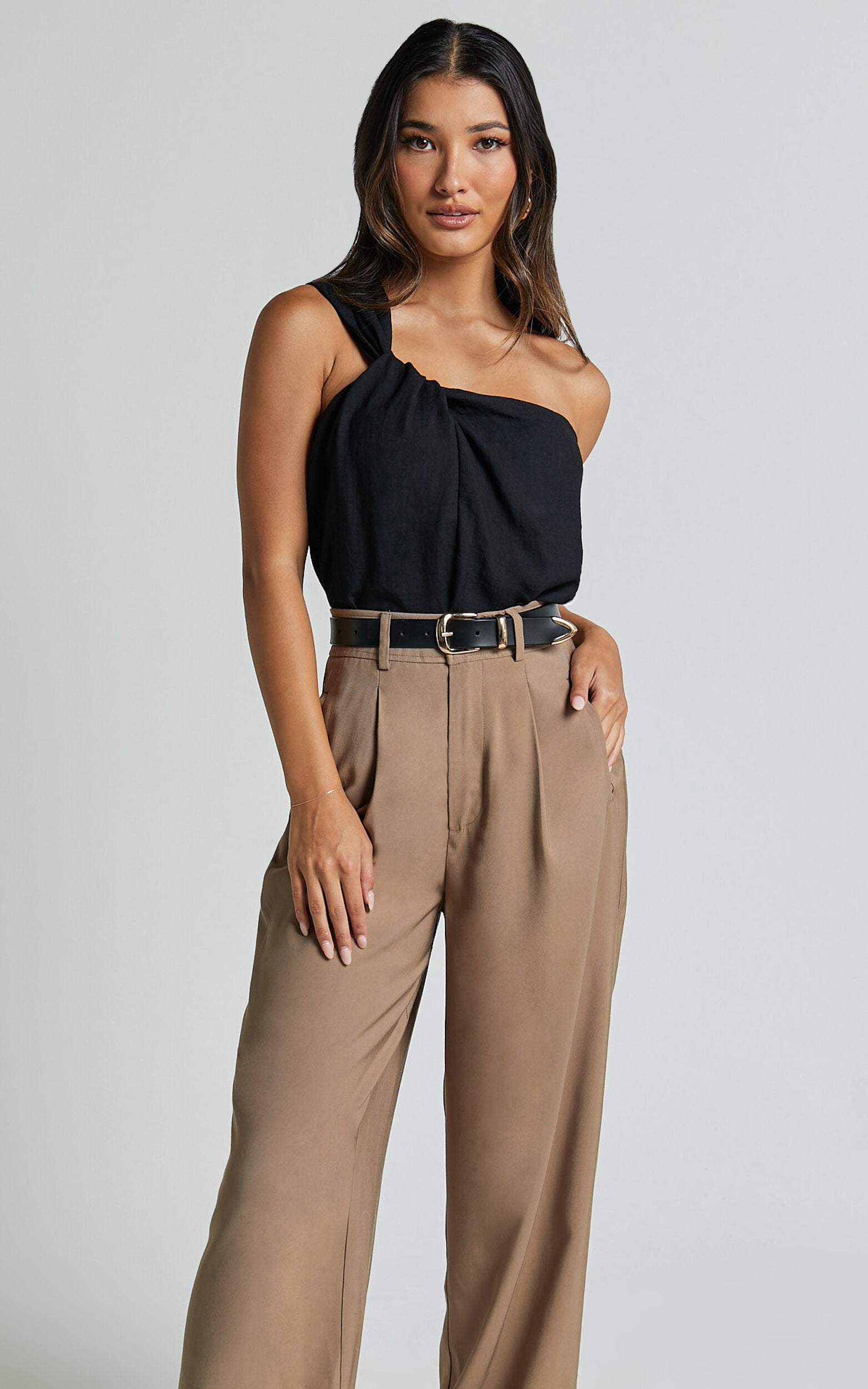 Bobbi Top - Linen Look Knot Detail One Shoulder Top in Black