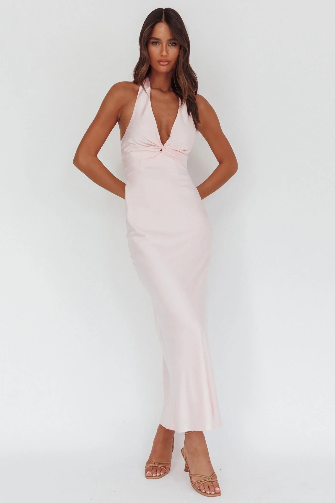 Devotion Twist Bust Halter Maxi Dress Baby Pink