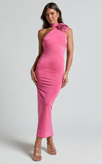 Alvera Maxi Dress - Rosette Neck Tie Detail Ruched Dress in Pink