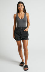 Mindae Shorts - Recycled Cotton Ripped Denim Shorts in Washed Black