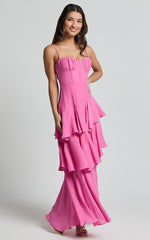 Diana Midi Dress - Sweetheart Ruched Bust Layered Dress in Hot Pink