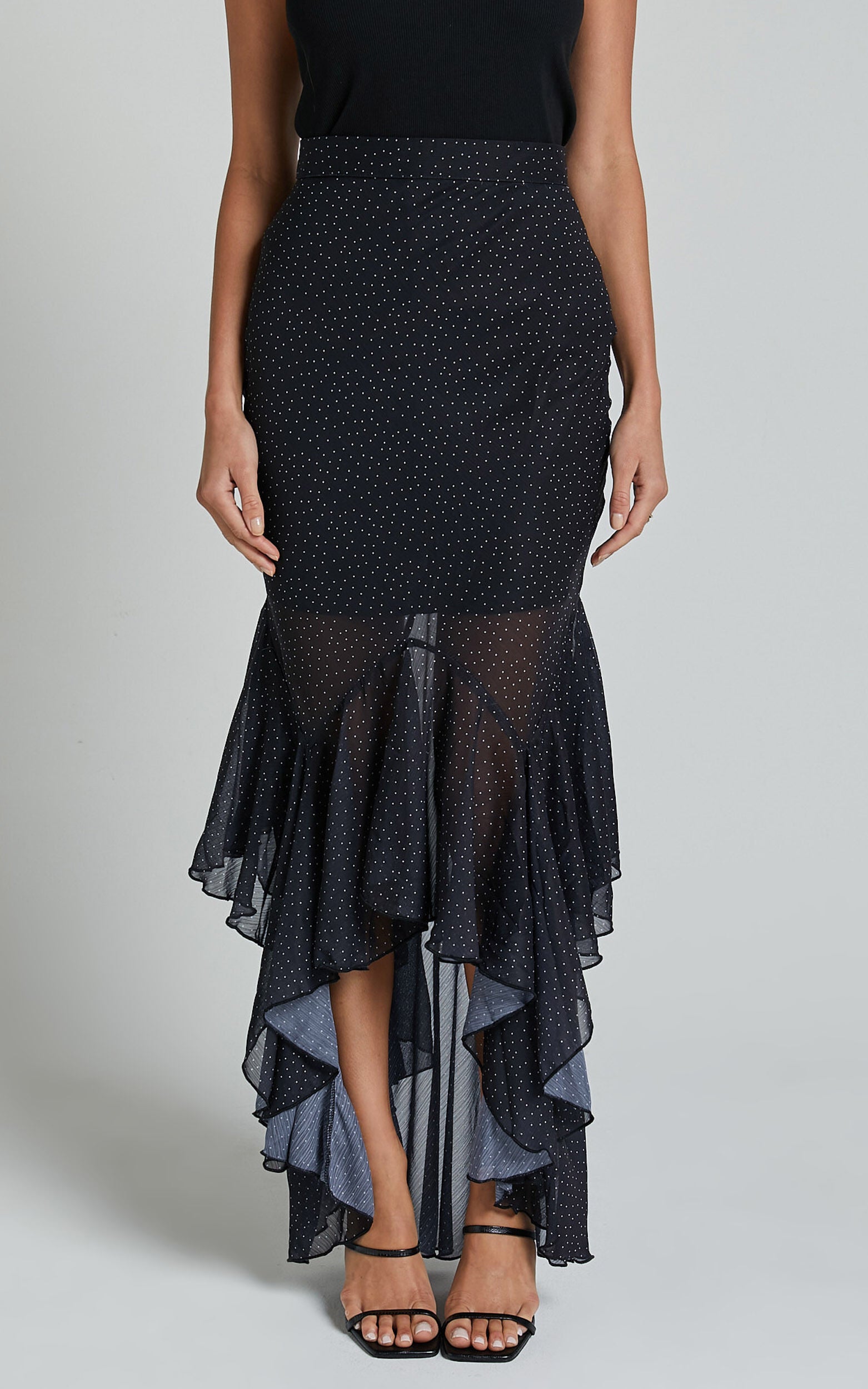 Artemisia Maxi Skirt - Frill Detail Sheer High Low Skirt in Black Polka