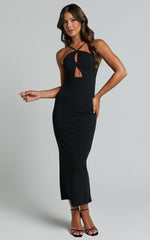 Dominika Midi Dress - Halter Neck Cut Out Bodycon Dress in Black