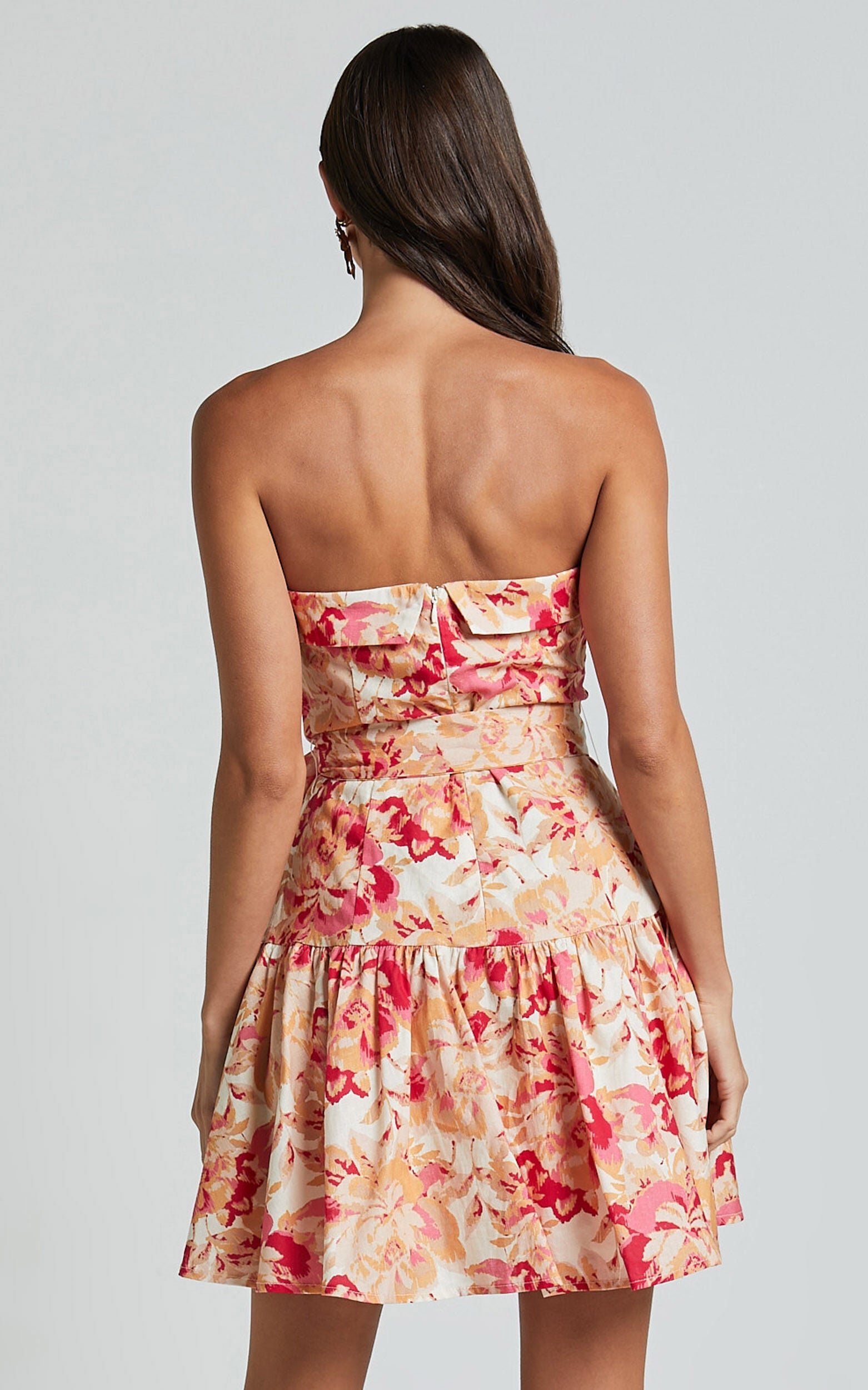 Amalie The Label - Simmona Linen Blend Strapless Tie Waist Mini Dress in Sienna Print
