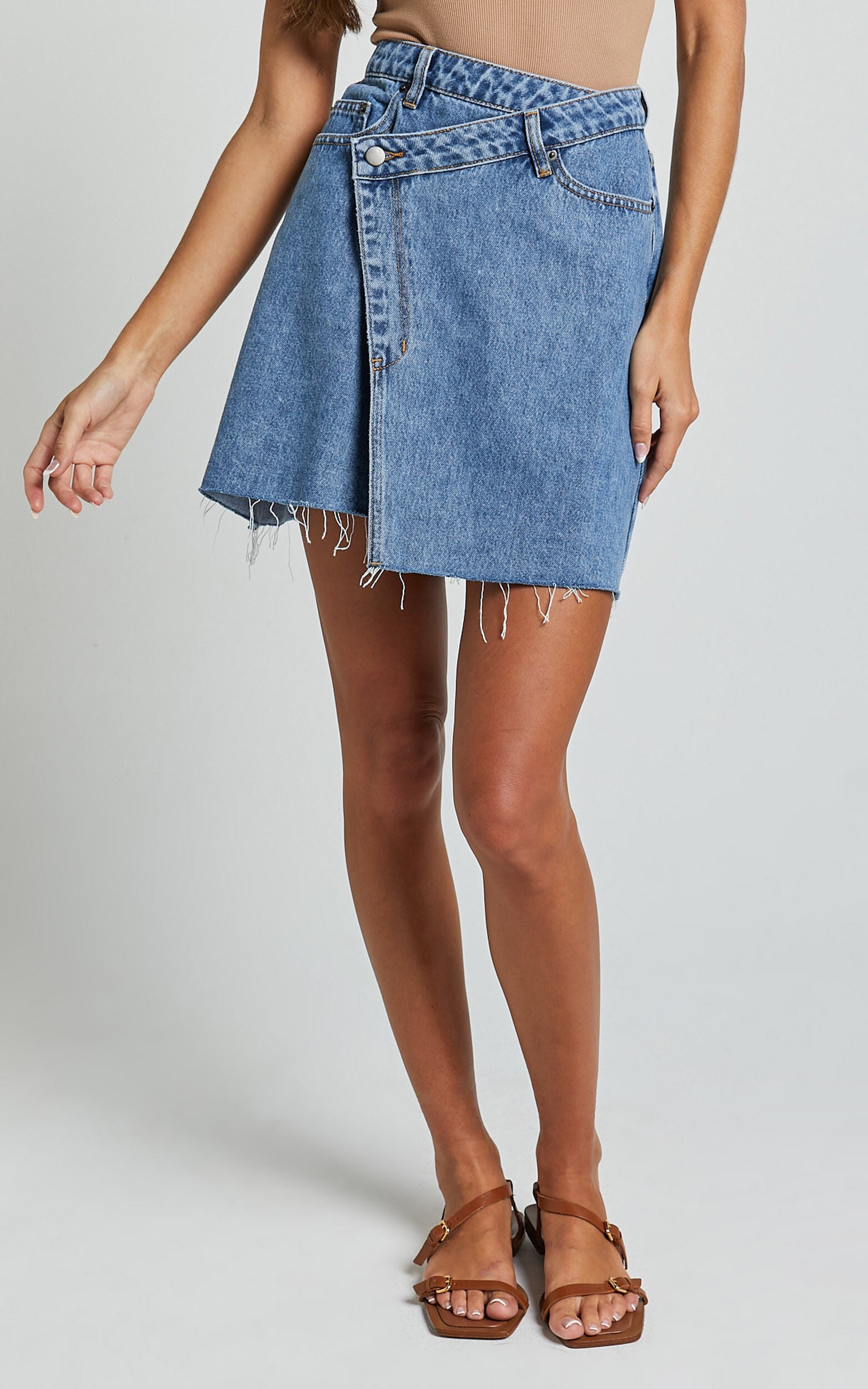Rihanna Skirt - High Waisted Asymmetrical Denim Skirt in Mid Blue Wash