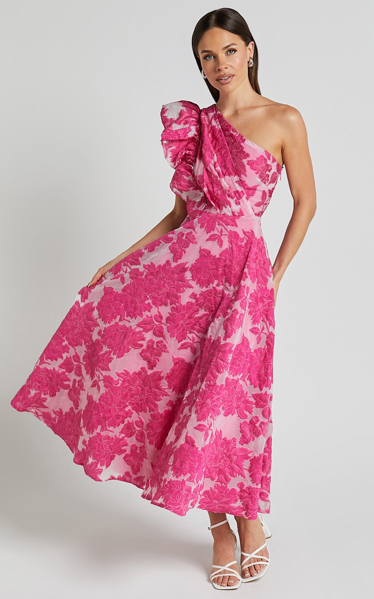 Alfreda Midi Dress - One Shoulder Ruffle Detail Brailey Jacquard Dress in Pink