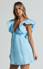 Raiza Mini Dress - Ruffle Sleeve Tie Back Plunge Dress in Bright Blue