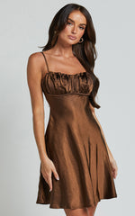 Chanaye Mini Dress - Ruched Bust Satin Cami Dress in Chocolate