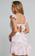 Anisha Mini Dress - Flutter Sleeve Straight Neck With Tie Back Dress in Pink and White Floral Print