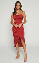 Dazzling Lights Midi Dress - Cowl Neck Draped Dress in Copper Satin