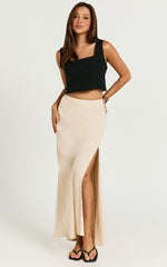 Olivia Midi Skirt - Mid Waisted Linen Bias Cut Split Skirt in Natural