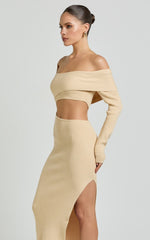 Alabama Midi Dress - Off One Shoulder Asymmetric Long Sleeve Knit Dress in Sand