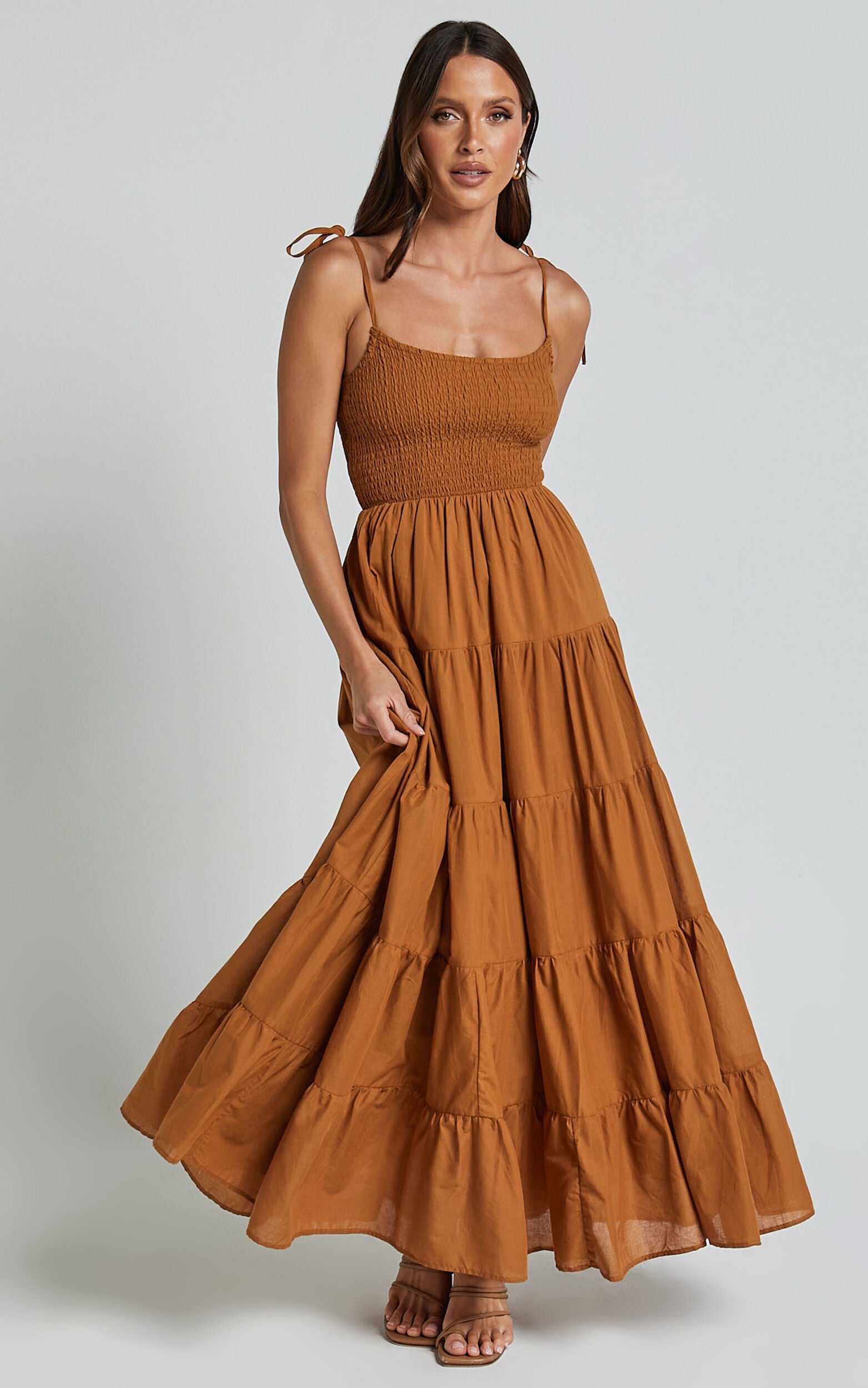 Angie Maxi Dress - Tie Strap Ruched Tiered Dress in Chocolate