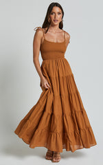 Angie Maxi Dress - Tie Strap Ruched Tiered Dress in Chocolate