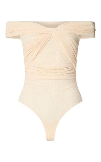 Carina Bodysuit - Twist Front Off Shoulder Mesh Bodysuit in Cream