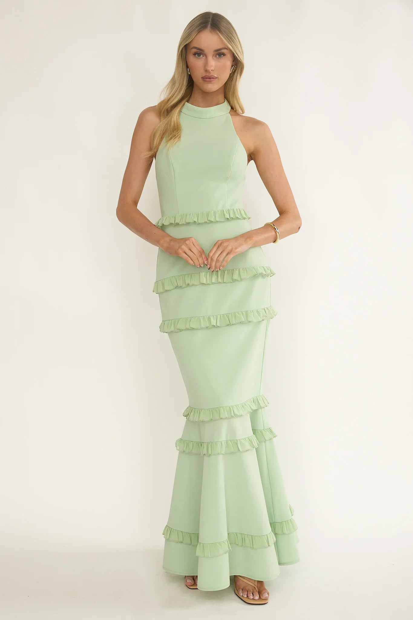 Haze Frill Trim Halterneck Maxi Dress Sage