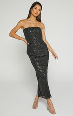 Izzy Midi Dress - Strapless Sequin Midi Dress in Black