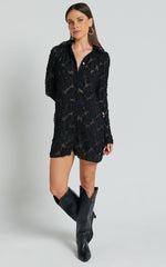 Ava Mini Dress - Long Sleeve Fitted Clipped Jacquard Dress in Black