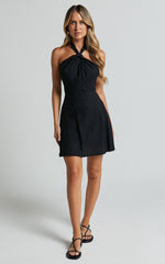 Louie Mini Dress - Linen Halter Neck Dress in Black