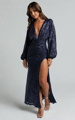 Arlington Midi Dress - Sequin Long Sleeve Dress in Midnight Navy