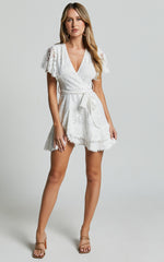 Andi Mini Dress - V Neck Short Sleeve Wrap Dress in White
