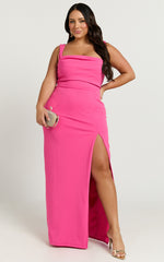 Donna Maxi Dress - Cowl Neck Column High Split Dress in Hot Pink
