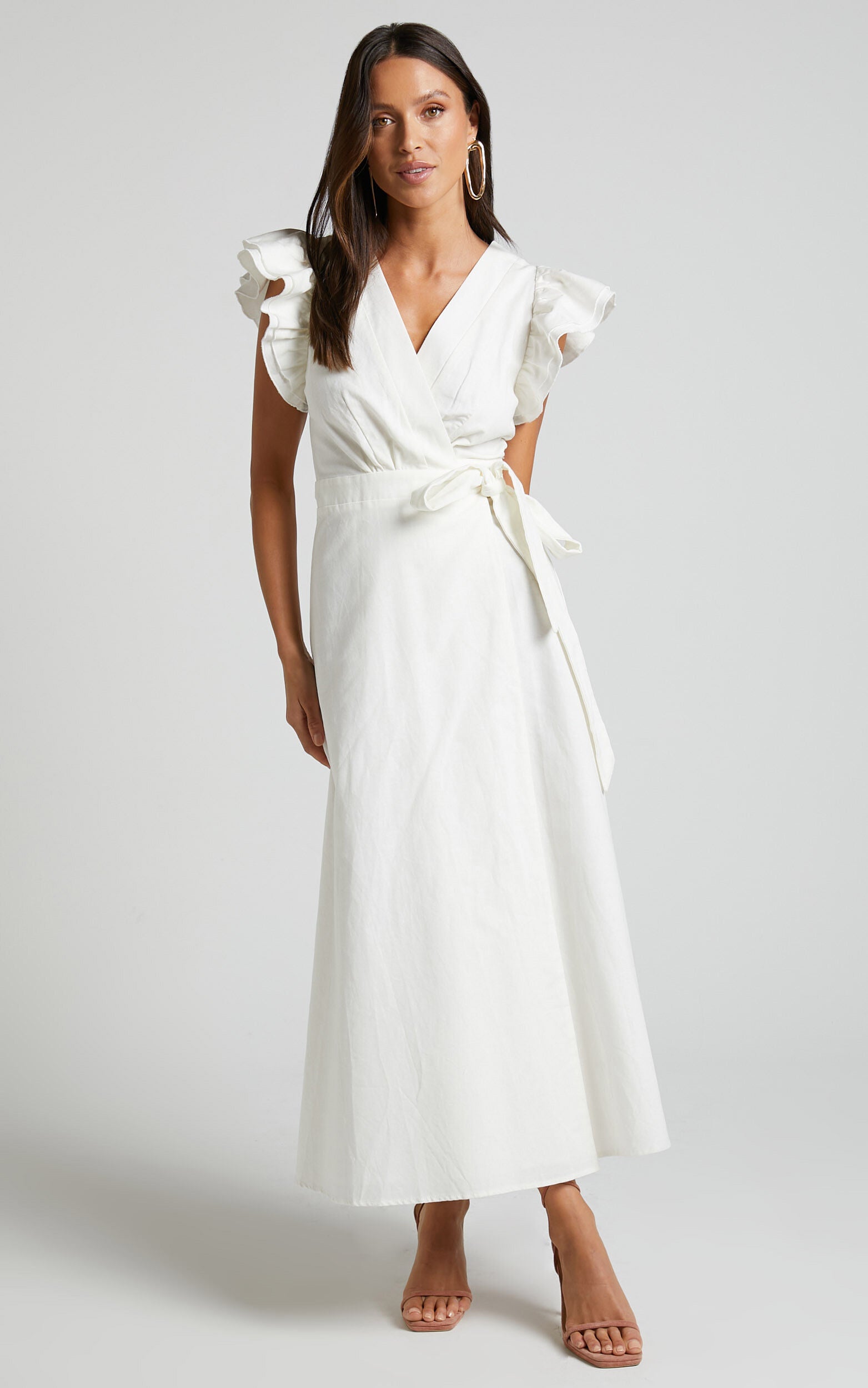 Amalie The Label - Palmer Linen Blend Frill Sleeve Wrap Dress in White