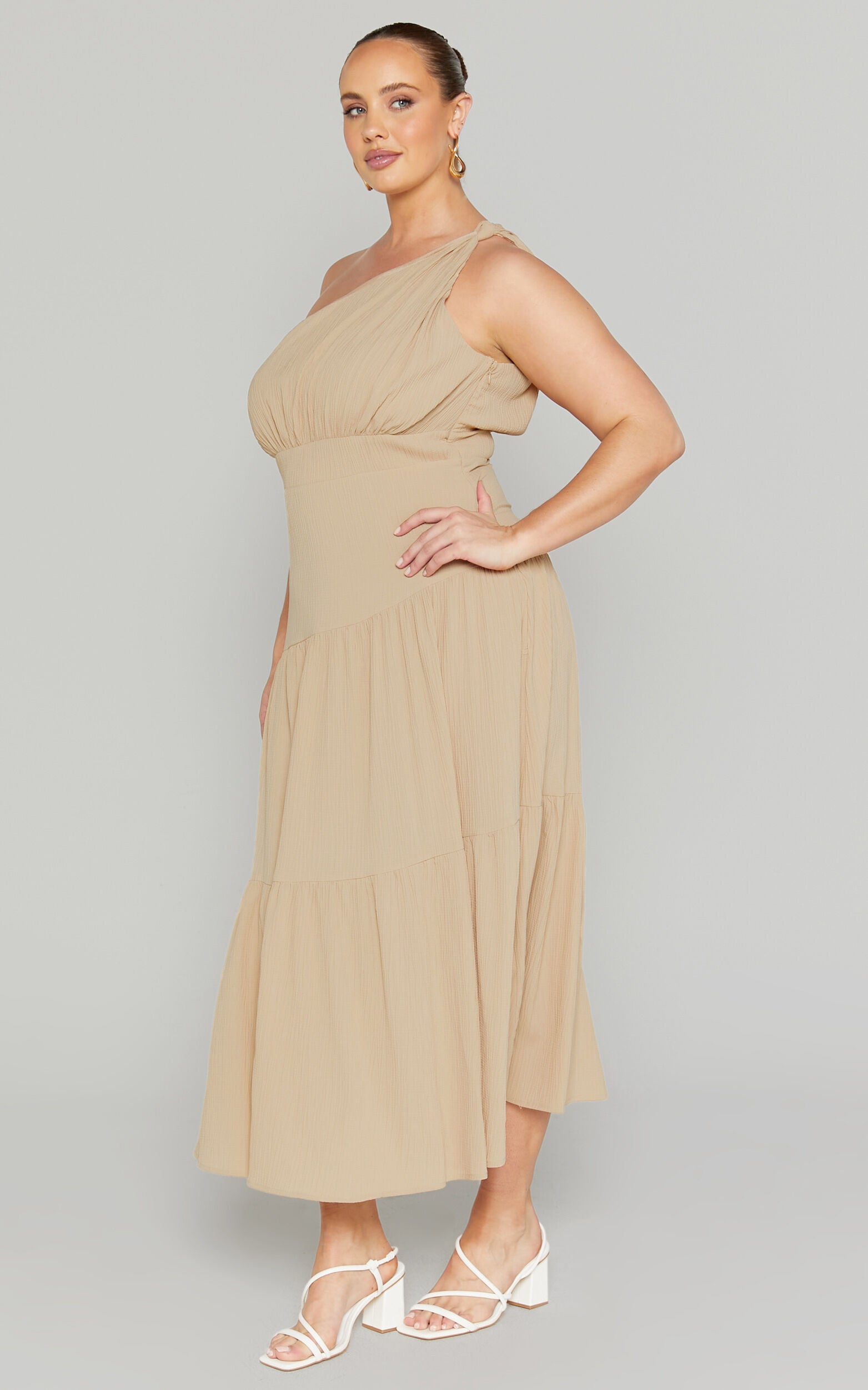 Celestia Midi Dress - Tiered One Shoulder Dress in Sand