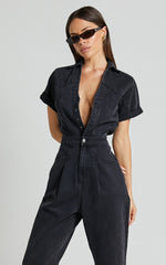 Jordyn Jumpsuit - Short Sleeve Collared Button Through Denim Jumpsuit in Black Wash
