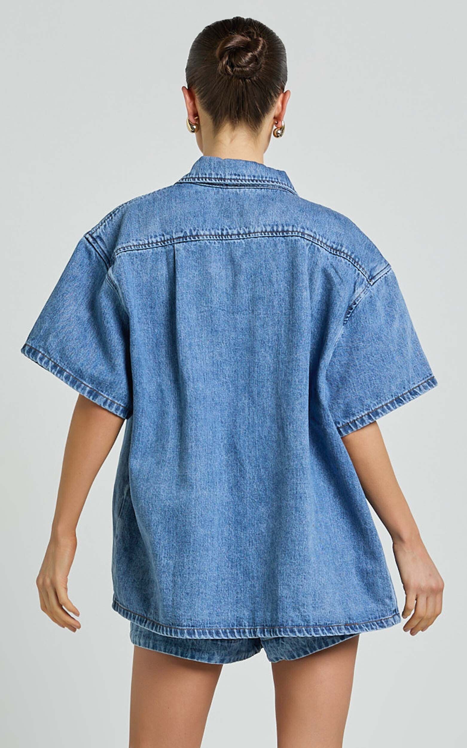 Rhianna Top - Oversized Recycled Denim Short Sleeve Shirt in Mid Blue Wash