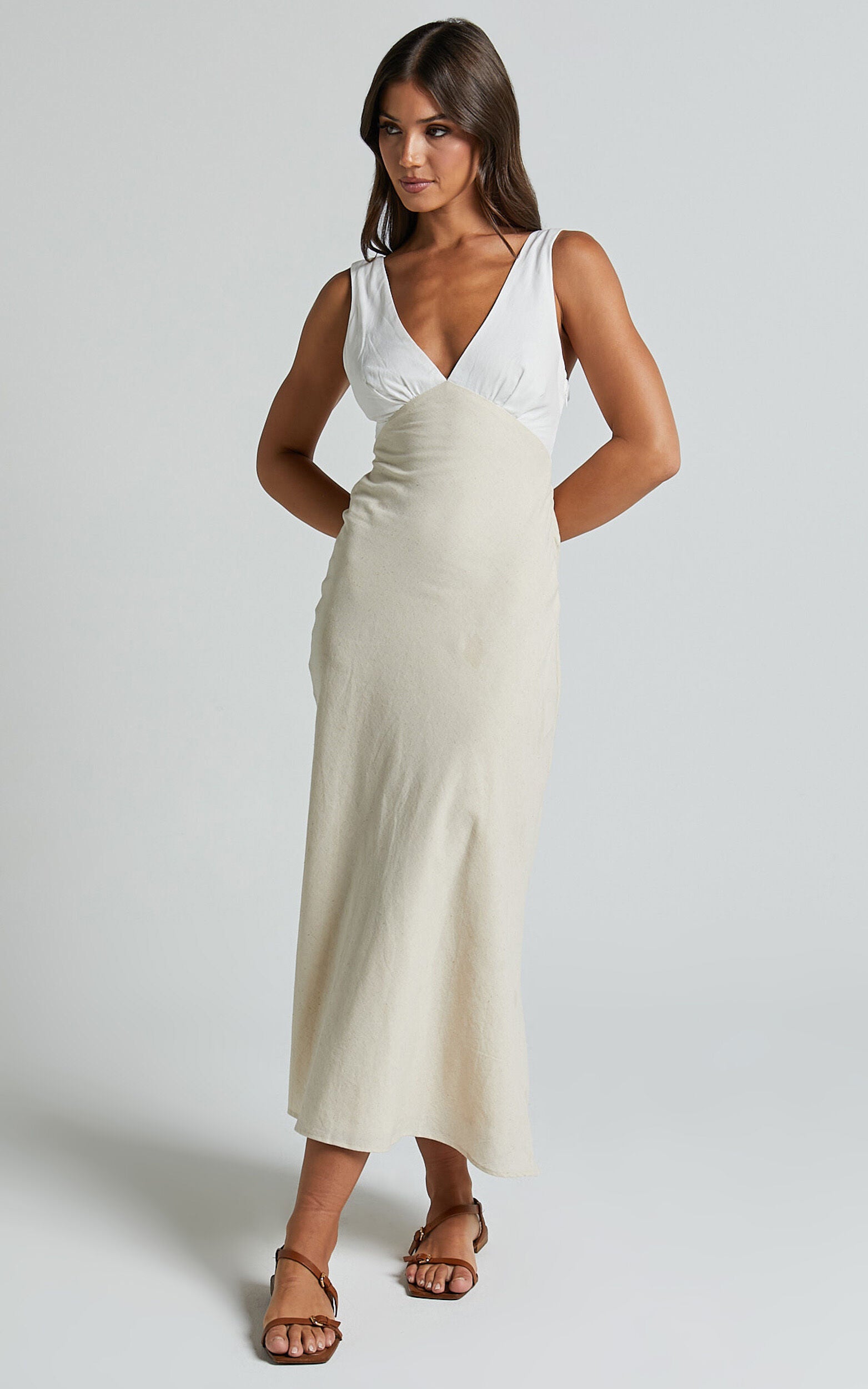 Dovie Midi Dress - Linen V Neck Low Back Cut Out Flare Dress in Beige and White