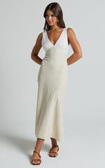 Dovie Midi Dress - Linen V Neck Low Back Cut Out Flare Dress in Beige and White