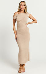 Stefanie Midi Dress - Off The Shoulder Bodycon Knit Midi Dress in Beige