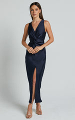 Mariah Maxi Dress - Twist Detail Wrap Hem Satin Dress in Midnight Blue