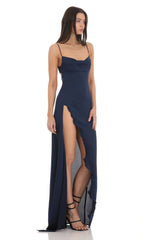 Cowl Neck Satin Open Back Maxi Dress in Navy