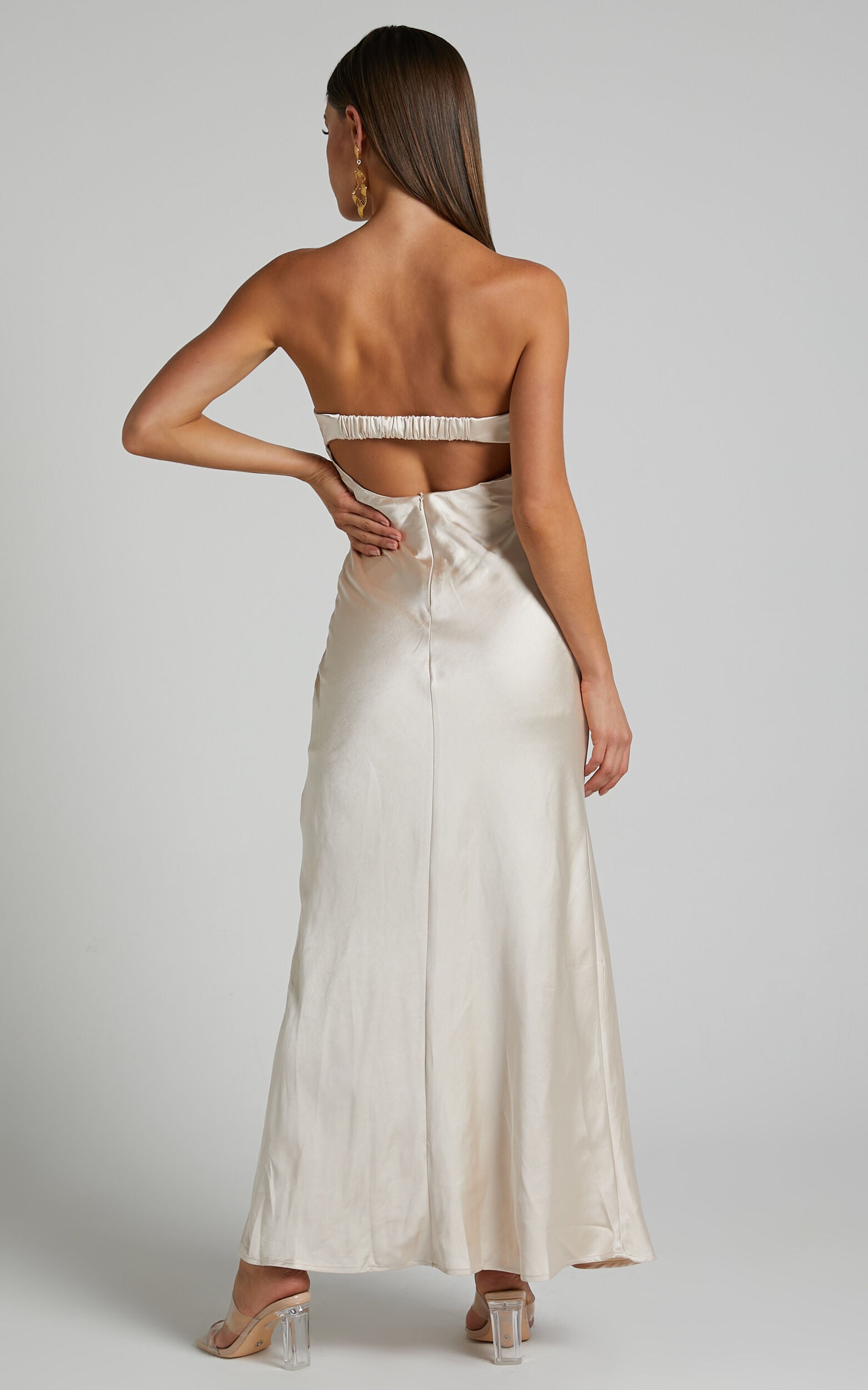 Kira Midi Dress - Strapless Cut Out Satin Dress in Champagne
