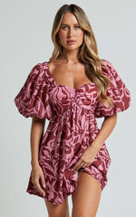 Lydie Mini Dress - Sweetheart Short Balloon Sleeve Ruched Bodice Dress in Whirlwind Floral Print
