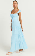 Nabby Midi Dress - Sweetheart Ruched Bust Short Sleeve Dress in Blue