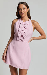 Wilfreda Mini Dress - Halter Neck Tie Dress in Frost Pink
