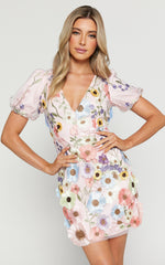 Wren Mini Dress - Puff Sleeve Bodycon 3d Garden Flowers Dress in Pink