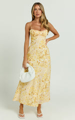 Giselli Midi Dress - Adjustable Strap Ruched Bust Dress in Lemon Floral