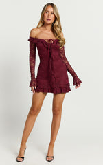 Theresa Mini Dress - Off Shoulder Tie Front Dress in Wine