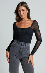 Casen Bodysuit - Long Sleeve Ruched Mesh Bodysuit in Black